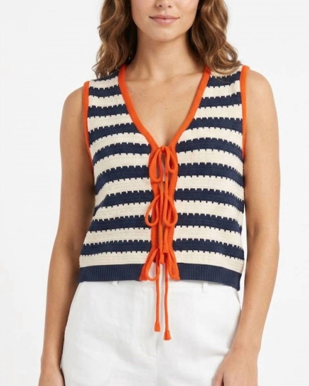 NEW THML tie front sweater vest in black/white /orange